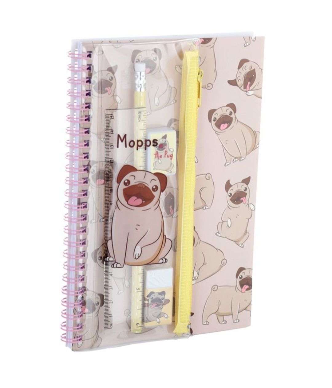 Conjunto Papelaria Pug 6 Peças - Caderno, Estojo, Régua, Borracha, Afia e Lápis
