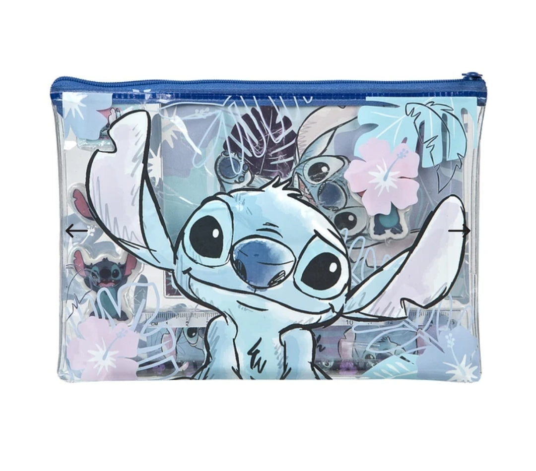 Conjunto Papelaria Stitch - Estojo+3 Borrachas+ Caderno+Régua+ Lápis+Afia