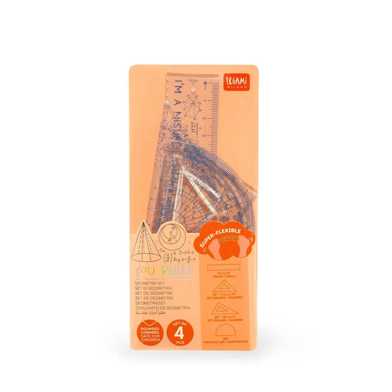 Set Geometria Flexível com Régua 15cm, Esquadro de 60° de 10cm,  Esquadro 45° de 7cm, Transferidor de 180° Genius Legami BTS