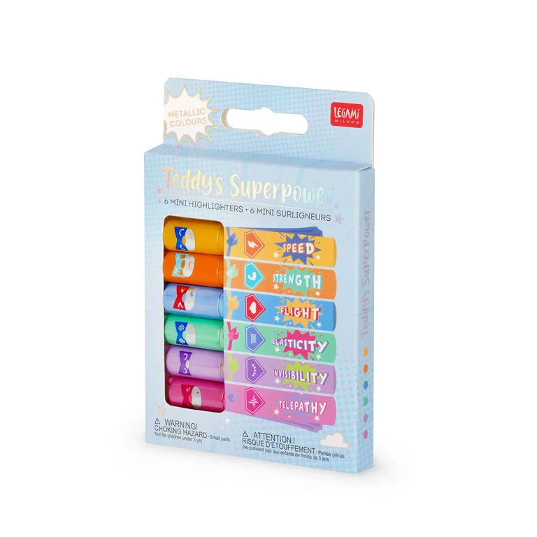 Conjunto 6 Mini Sublinhadores Ursinhos dos Super Poderes Cores Metálicas Legami BTS