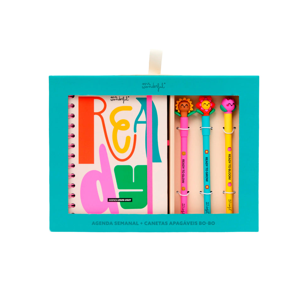 Agenda Semanal Pequena 2026/2027 Mr.Wonderful "Ready" com 3 Canetas Apagáveis Exclusivas