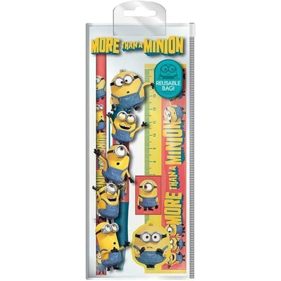 Conjunto Papelaria Minion Caneta + Lápis + Régua + Afia + Borracha