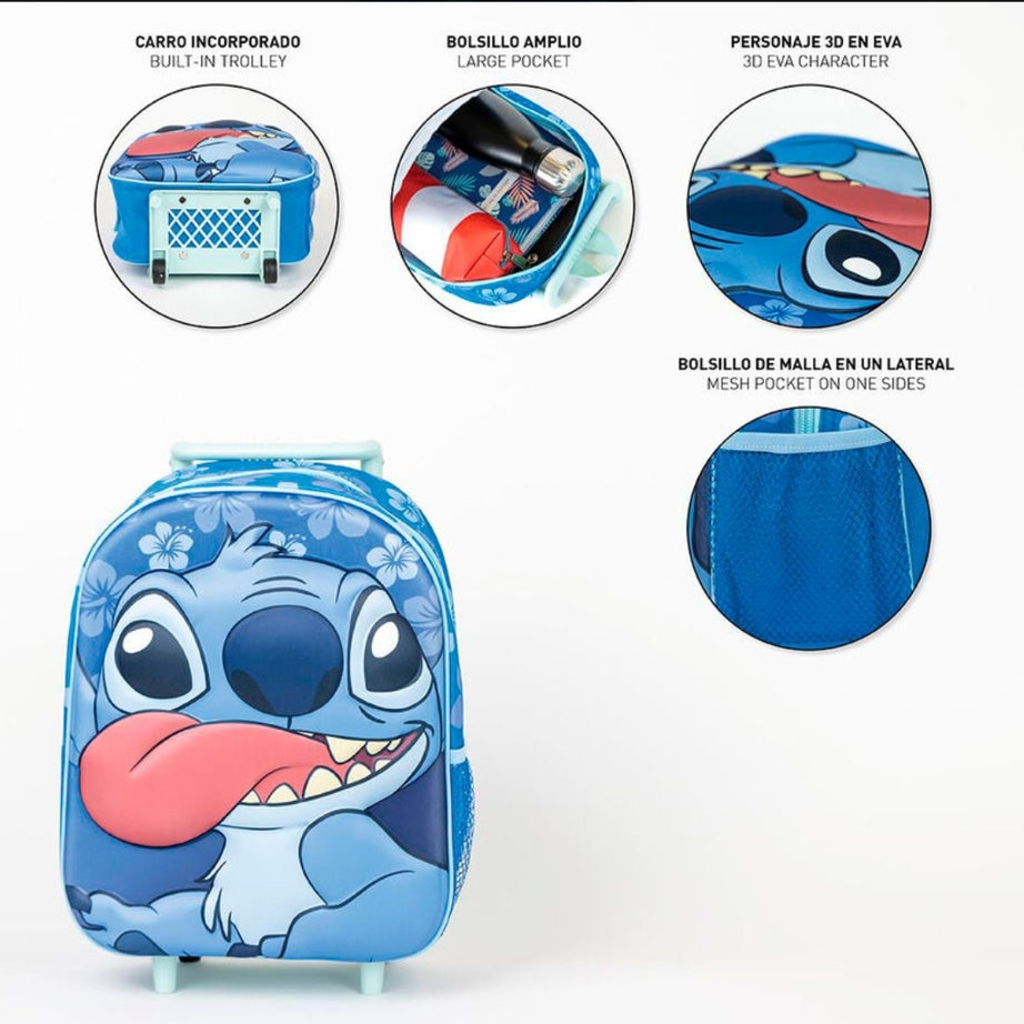 Mochila Trolley Pré-escolar do Stitch 3D com 31cm