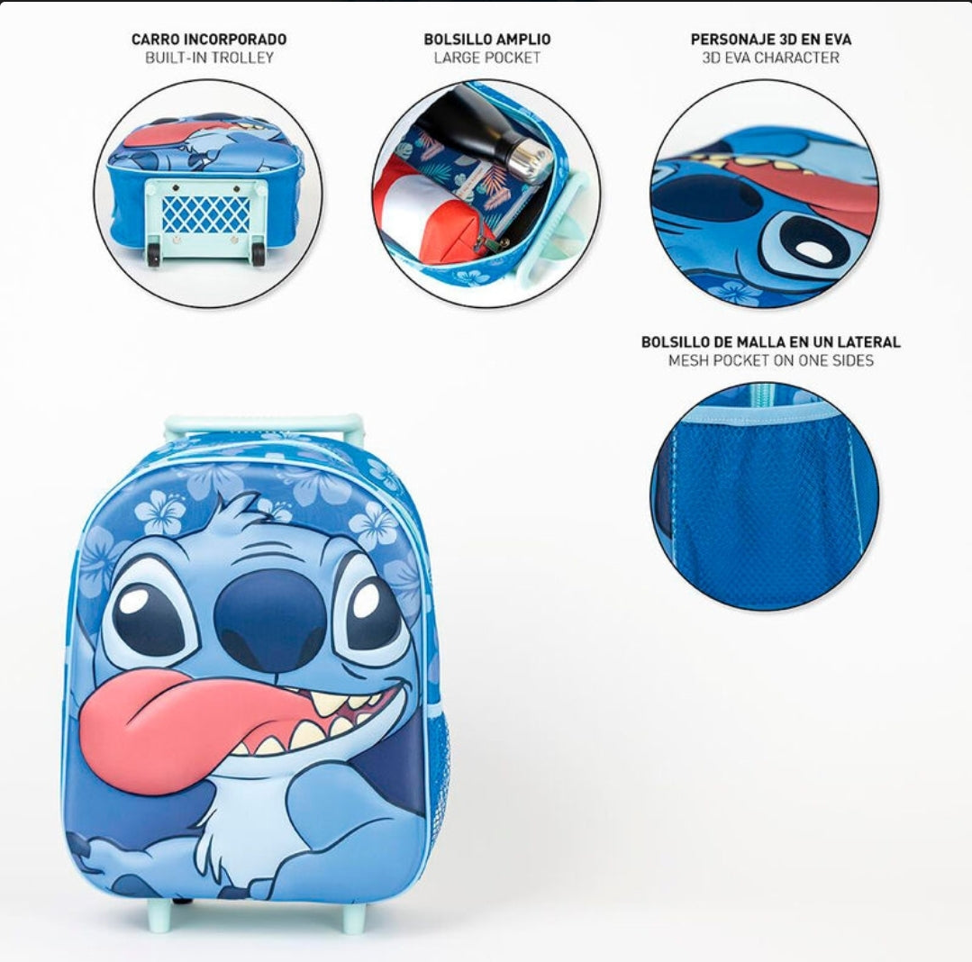 Mochila Trolley Pré-escolar do Stitch 3D com 31cm