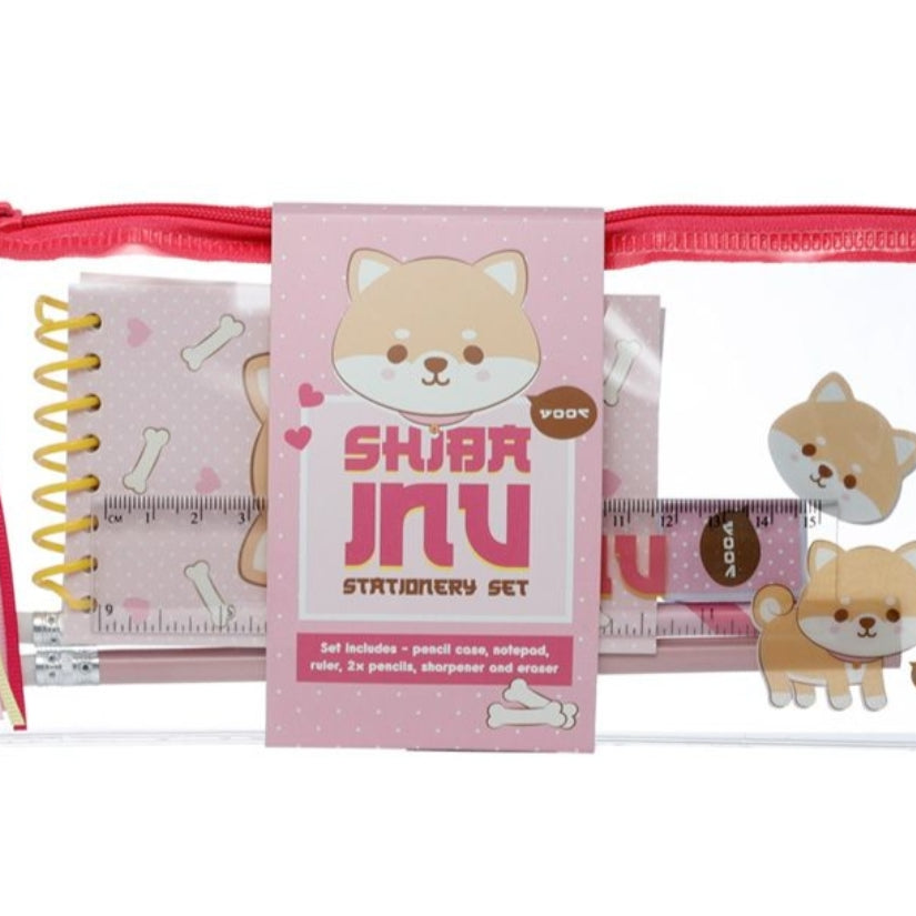 Conjunto Papelaria Shiba - Estojo, Bloco, Borracha, Afia, Régua e 2 Lápis