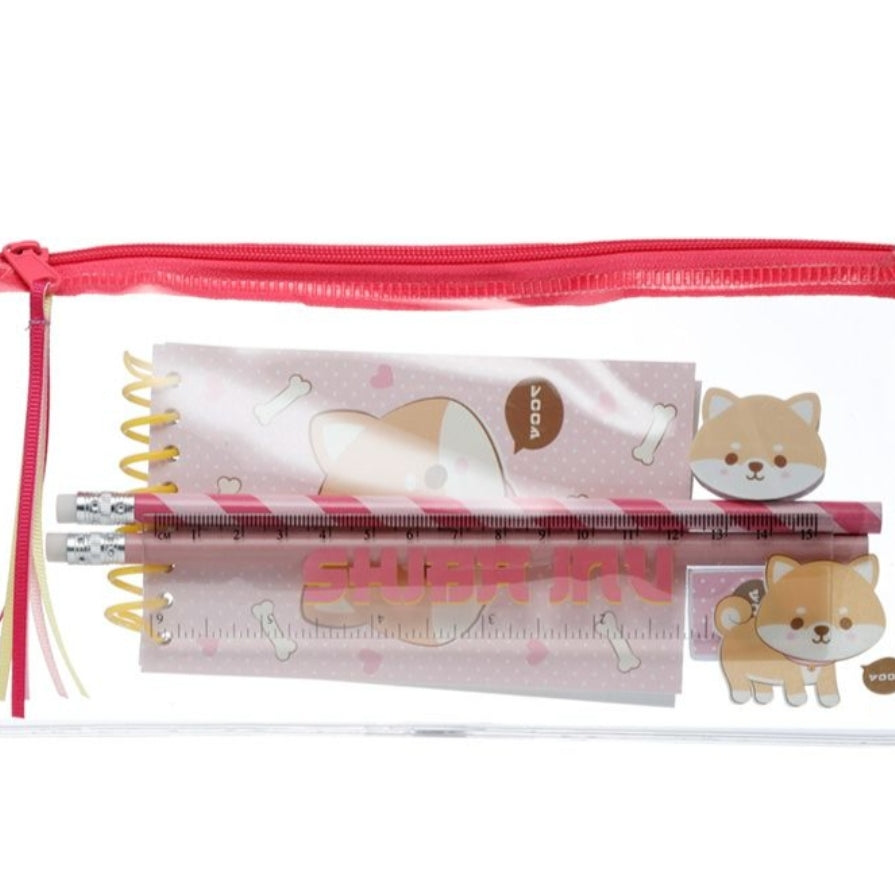 Conjunto Papelaria Shiba - Estojo, Bloco, Borracha, Afia, Régua e 2 Lápis