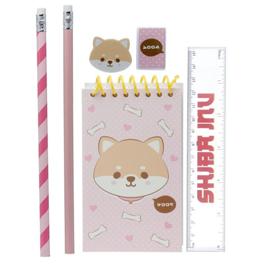 Conjunto Papelaria Shiba - Estojo, Bloco, Borracha, Afia, Régua e 2 Lápis