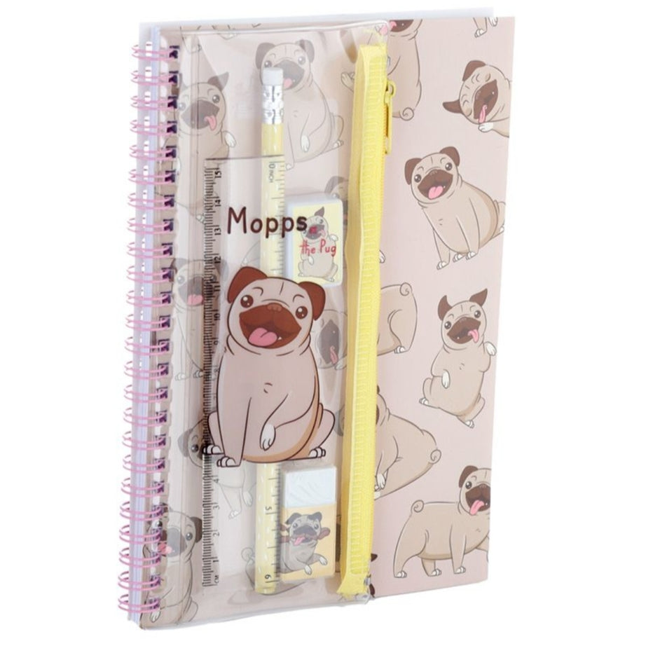 Conjunto Papelaria Pug 6 Peças - Caderno, Estojo, Régua, Borracha, Afia e Lápis