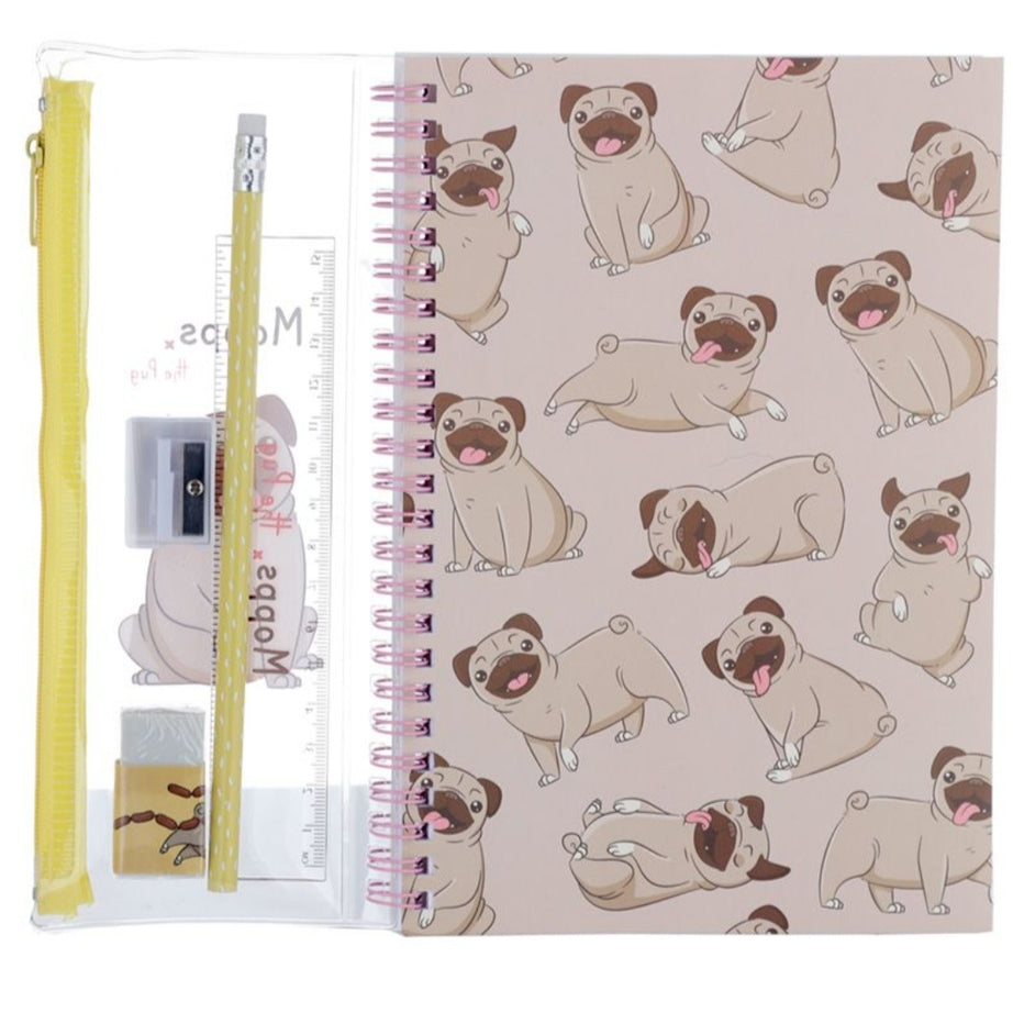 Conjunto Papelaria Pug 6 Peças - Caderno, Estojo, Régua, Borracha, Afia e Lápis