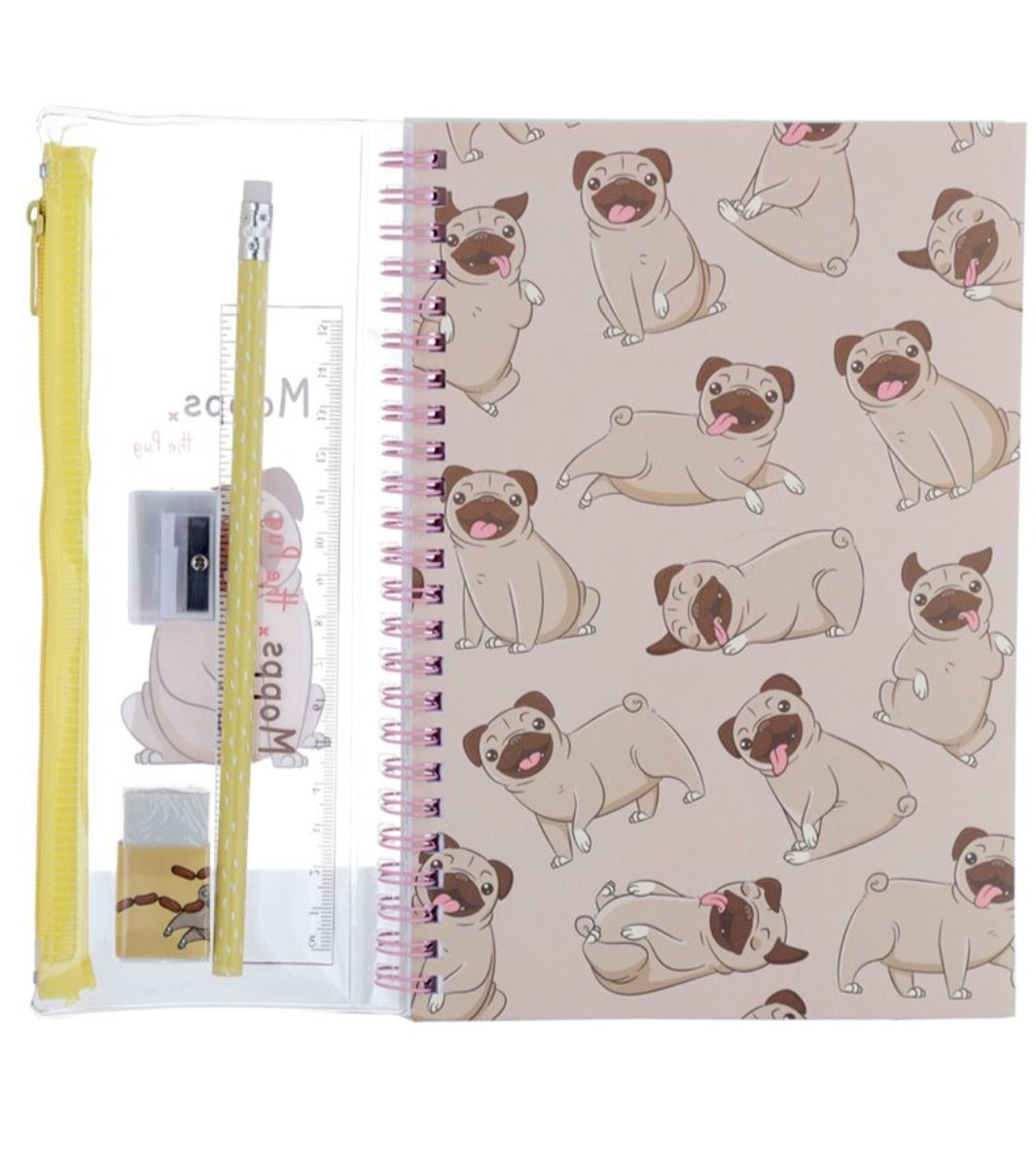 Conjunto Papelaria Pug 6 Peças - Caderno, Estojo, Régua, Borracha, Afia e Lápis