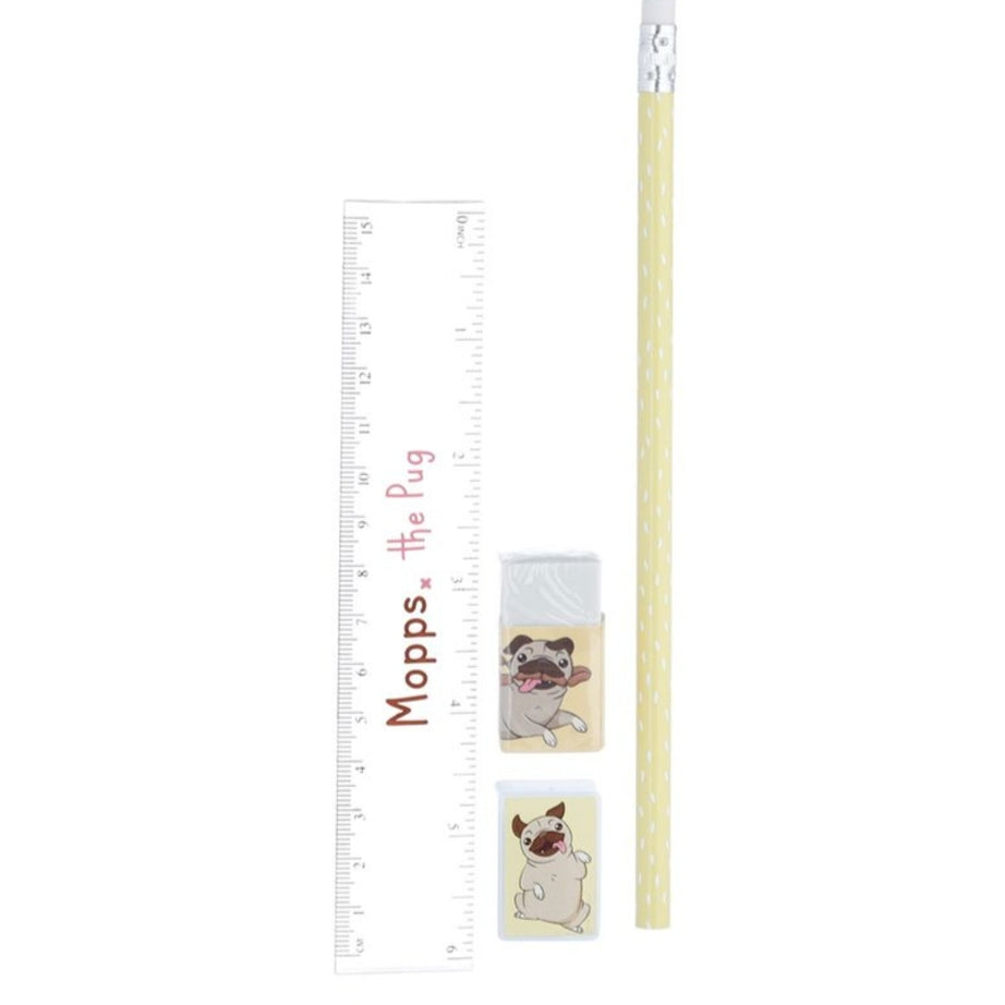 Conjunto Papelaria Pug 6 Peças - Caderno, Estojo, Régua, Borracha, Afia e Lápis