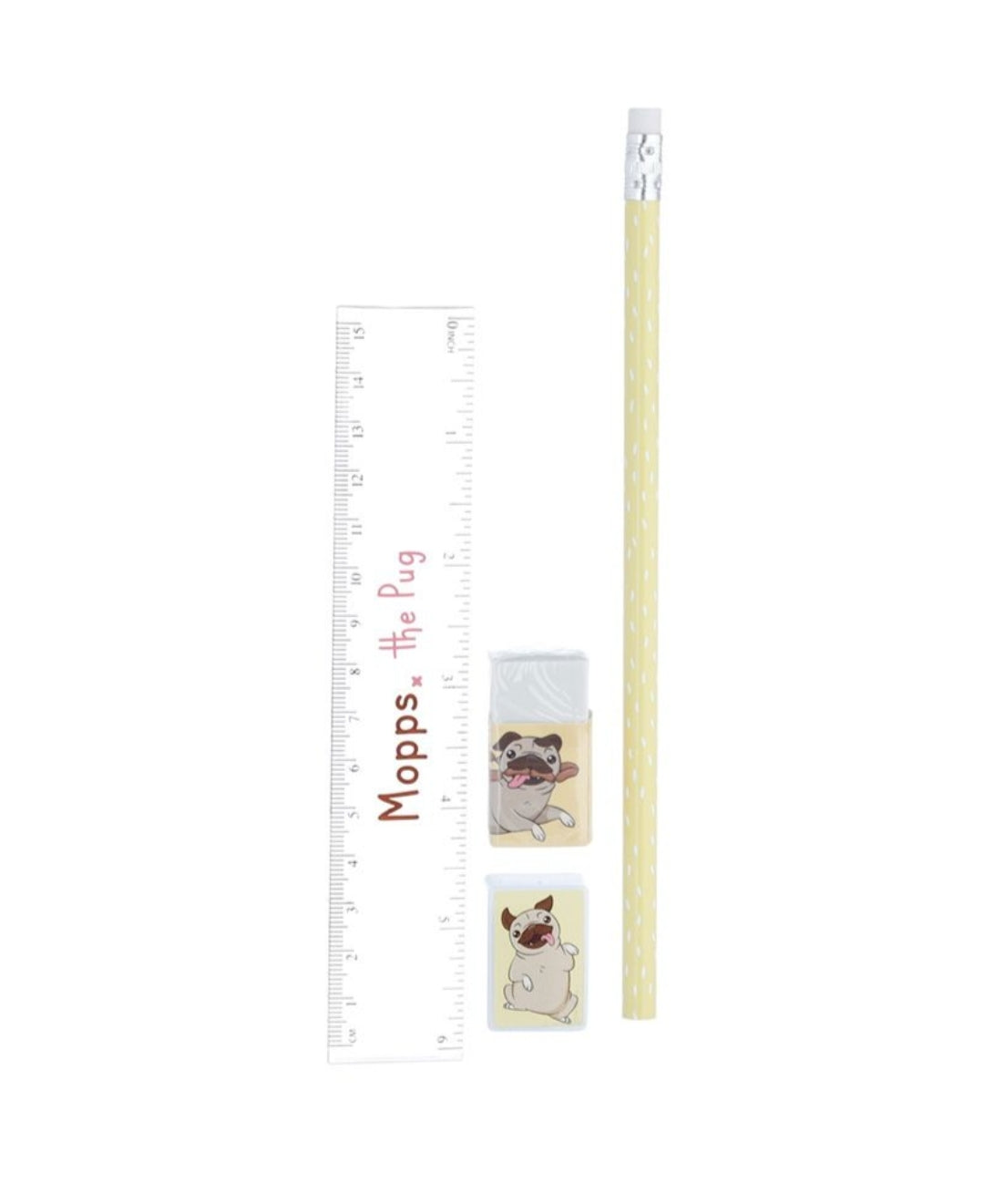 Conjunto Papelaria Pug 6 Peças - Caderno, Estojo, Régua, Borracha, Afia e Lápis