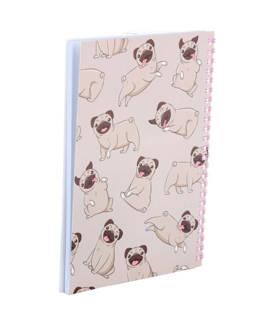 Conjunto Papelaria Pug 6 Peças - Caderno, Estojo, Régua, Borracha, Afia e Lápis