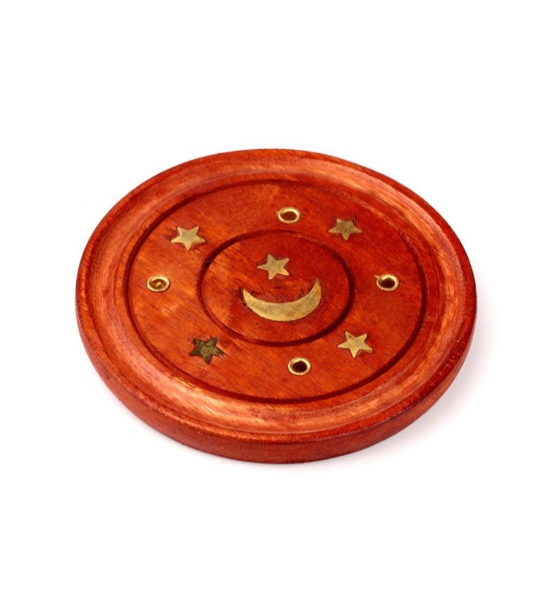 Queimador redondo em madeira de Mango com Lua e Estrelas