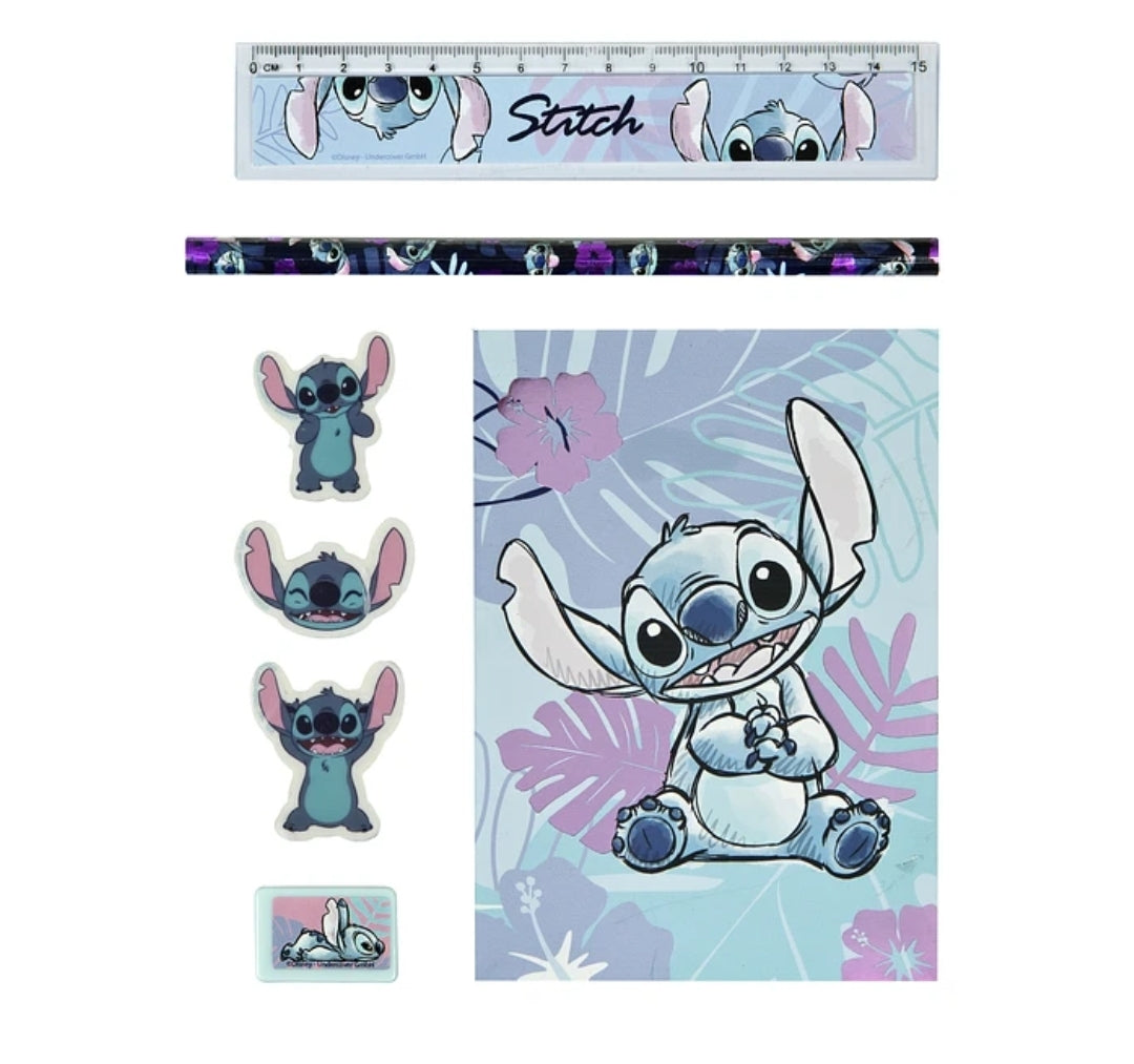 Conjunto Papelaria Stitch - Estojo+3 Borrachas+ Caderno+Régua+ Lápis+Afia