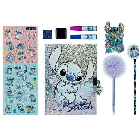 Diário Stitch com Glitter + Conjunto Papelaria
