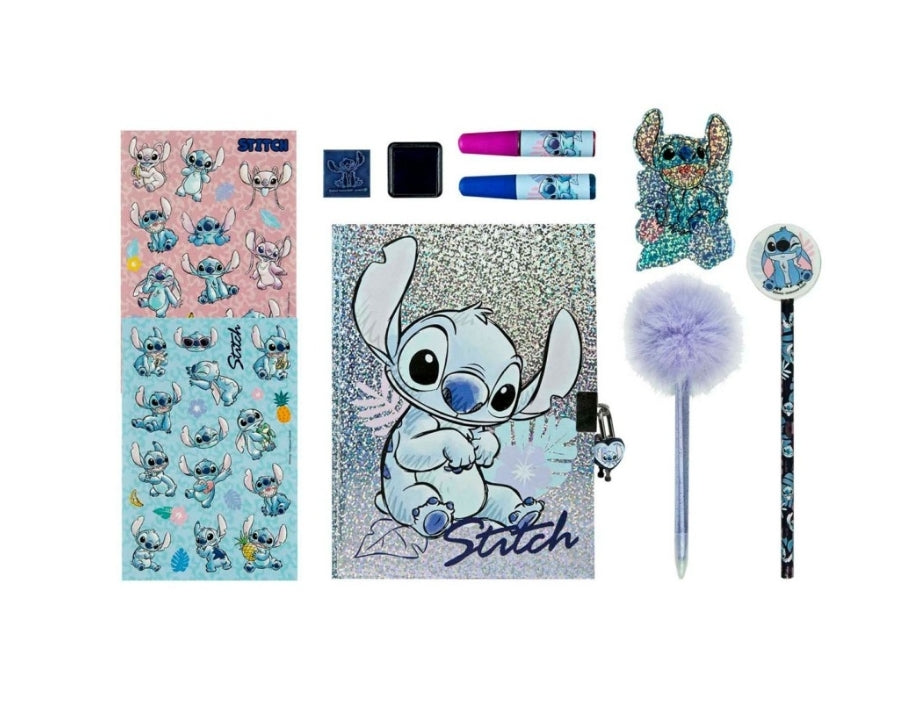 Diário Stitch com Glitter + Conjunto Papelaria