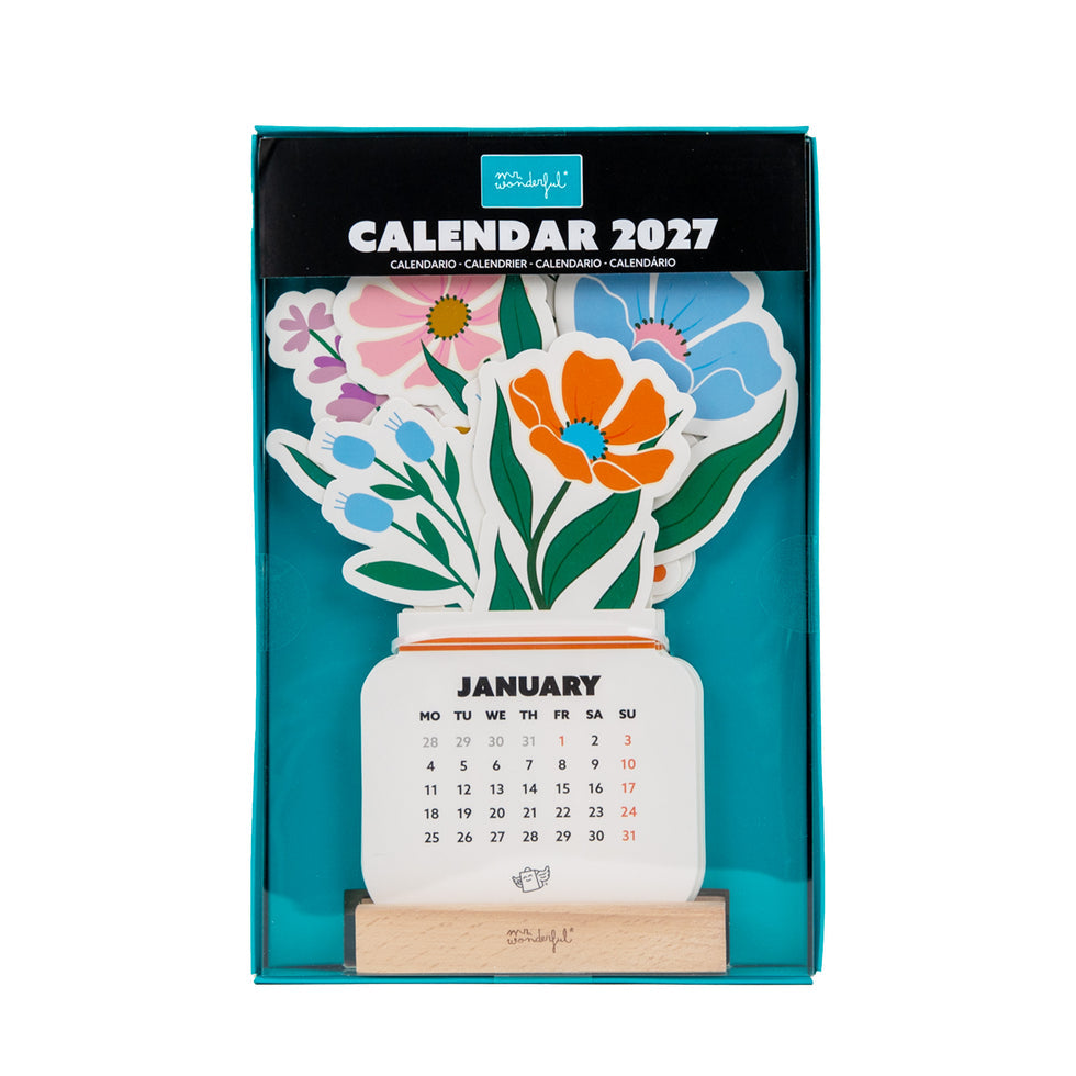 Calendário de Secretária 2027 Mr.Wonderful com Base em Madeira Flores