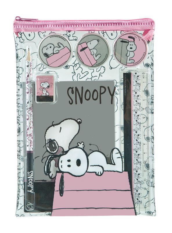 Conjunto Patinha Snoopy - Estojo Transparente, 3 Borrachas, Lápis, Afia, Régua e