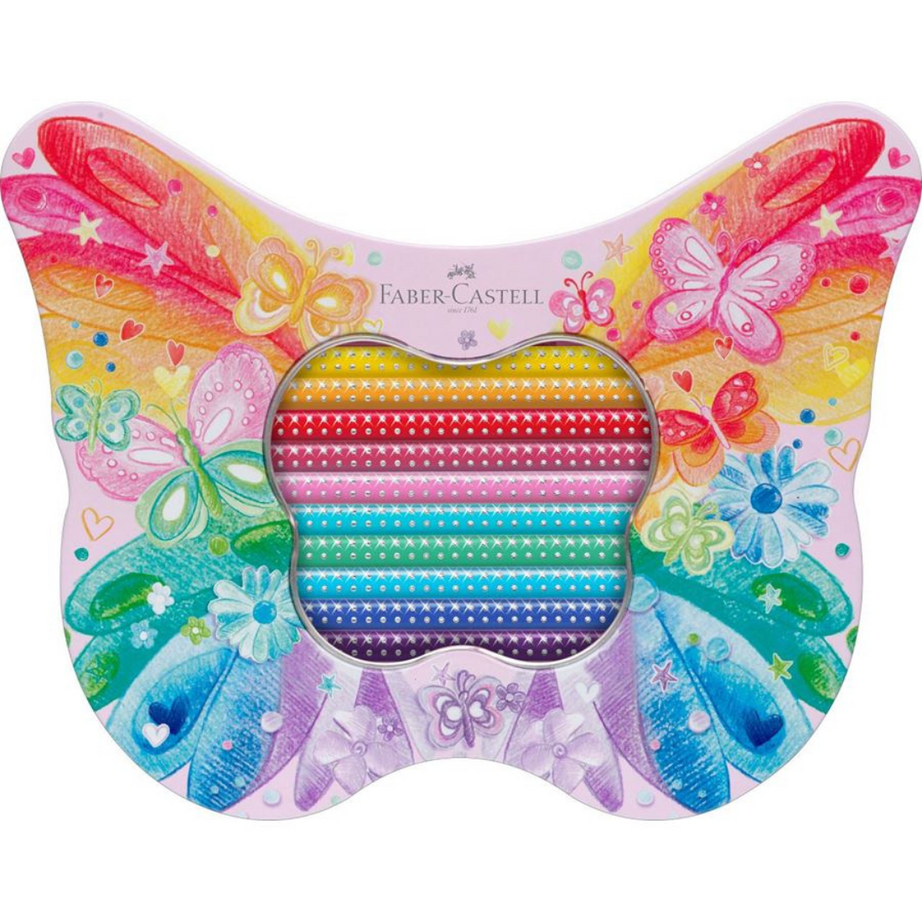 Caixa Metálica Borboleta com 20 Lápis de Colorir Sparkle e Autocolantes Faber-Castell