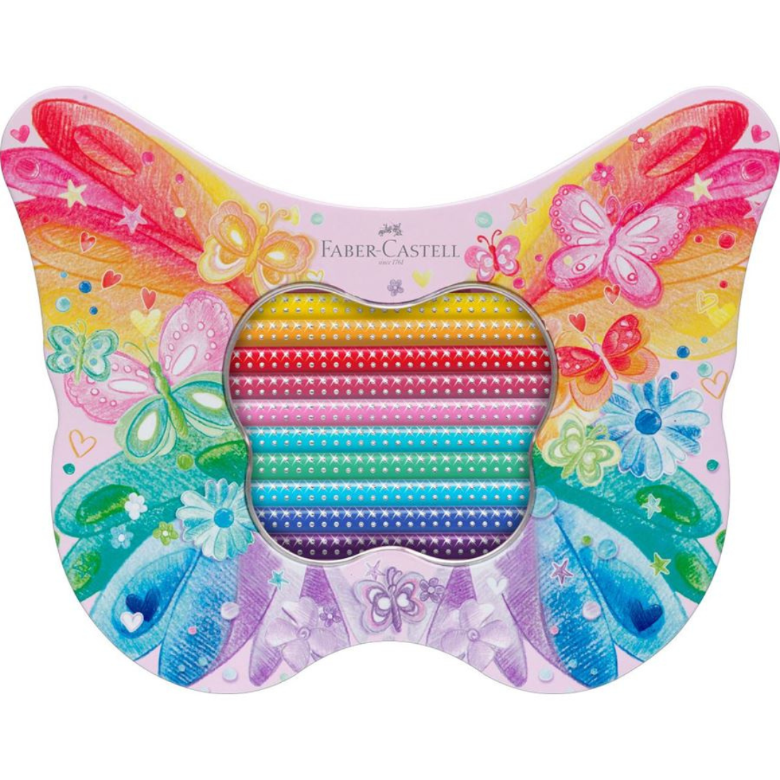 Caixa Metálica Borboleta com 20 Lápis de Colorir Sparkle e Autocolantes Faber-Castell