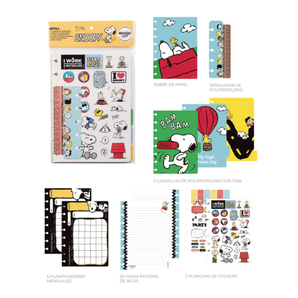 Recarga A5 com Vários Acessórios para Caderno Sistema de Discos Inteligente Snoopy