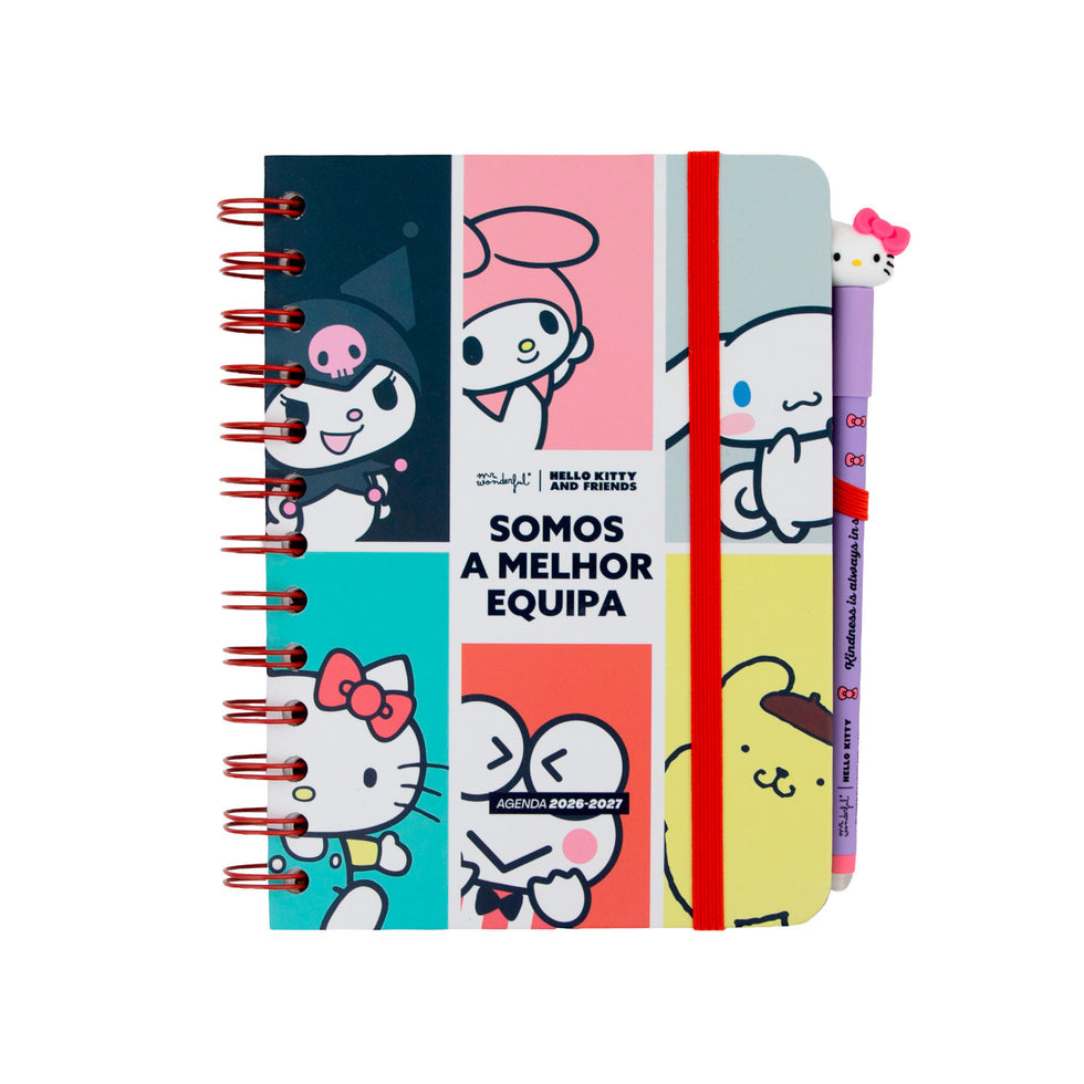 Agenda Semanal Pequena 2026/2027 Mr.Wonderful Hello Kitty & Friends com 3 Canetas Apagáveis "Somos a Melhor Equipa