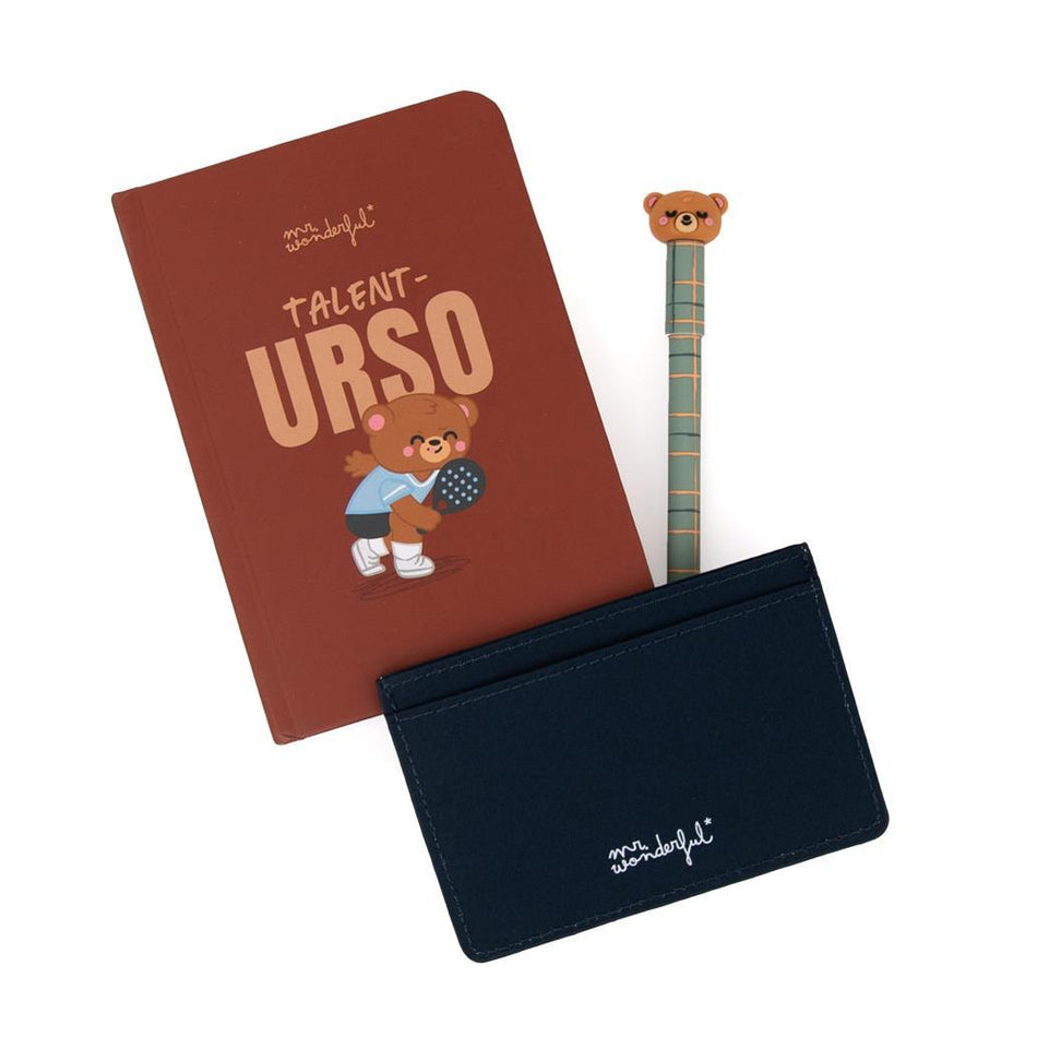 Conjunto Caneta Apagável Especial + Caderno A6 + Porta Cartões Urso Mr.Wonderful