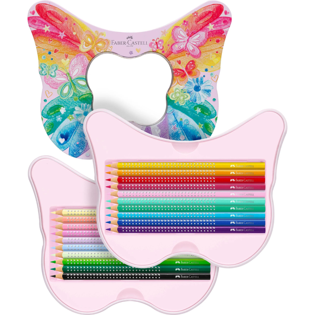 Caixa Metálica Borboleta com 20 Lápis de Colorir Sparkle e Autocolantes Faber-Castell