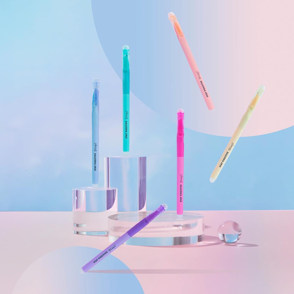 Conjunto 6 Canetas Apagáveis em Estojo Transparente "Stay Positive" Mr.Wonderful