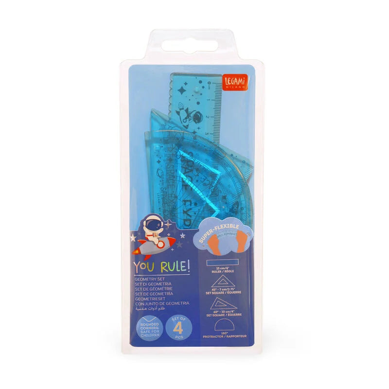 Set Geometria Flexível com Régua 15cm, Esquadro de 60° de 10cm,  Esquadro 45° de 7cm, Transferidor de 180° Astronauta Legami BTS