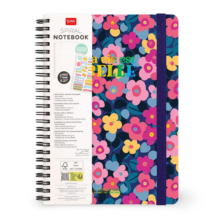 Caderno A5 em Espiral Pautado com Folha de Autocolantes Flores Legami