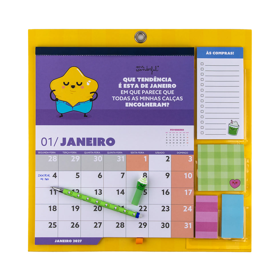Calendário de Parede Magnético 2027 Mr.Wonderful com Caneta Apagável Exclusiva, Bloco de Notas, Post its e Autocolantes