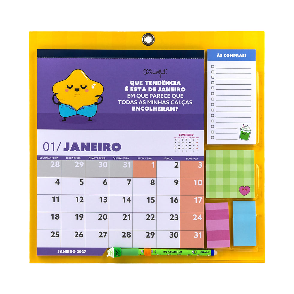 Calendário de Parede Magnético 2027 Mr.Wonderful com Caneta Apagável Exclusiva, Bloco de Notas, Post its e Autocolantes