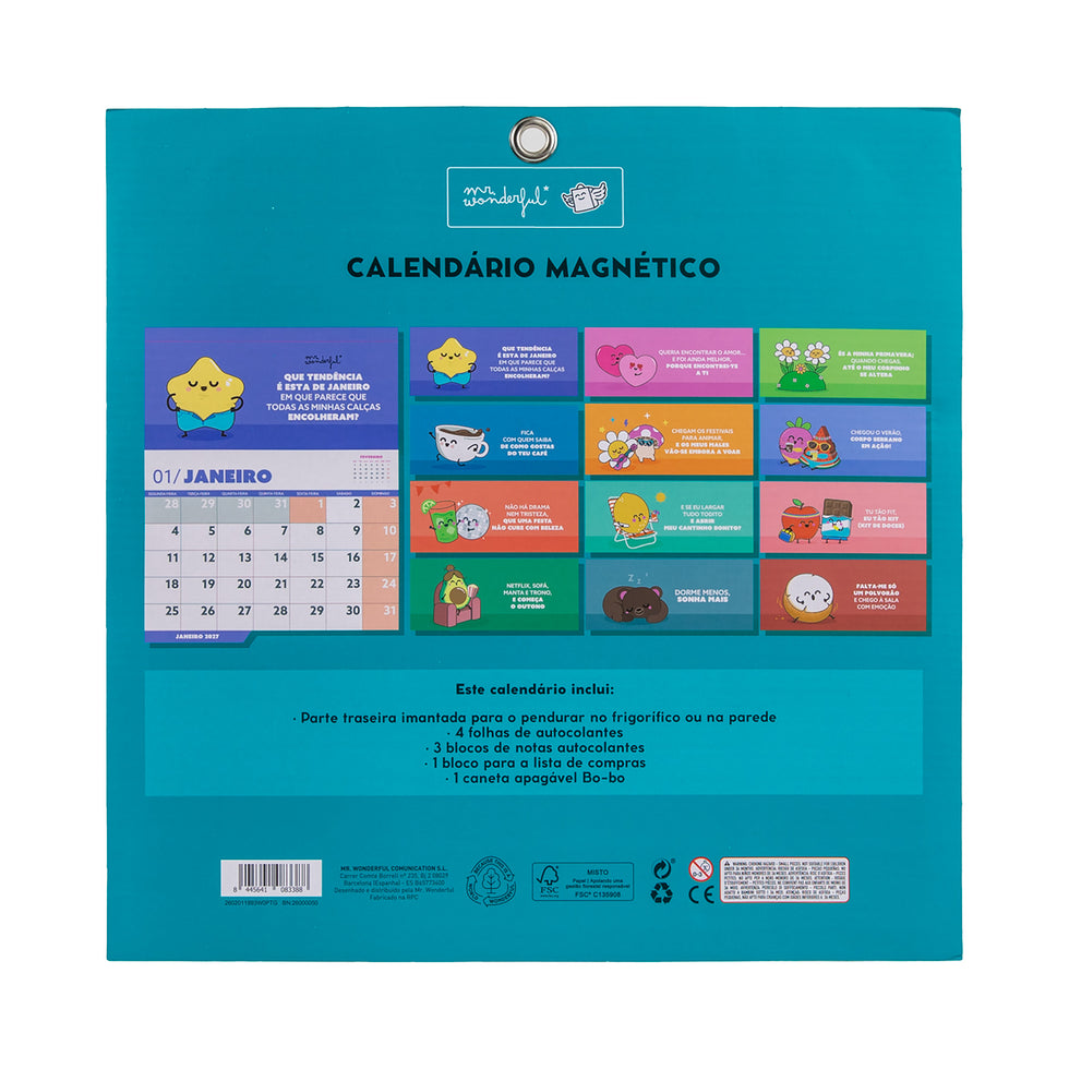 Calendário de Parede Magnético 2027 Mr.Wonderful com Caneta Apagável Exclusiva, Bloco de Notas, Post its e Autocolantes