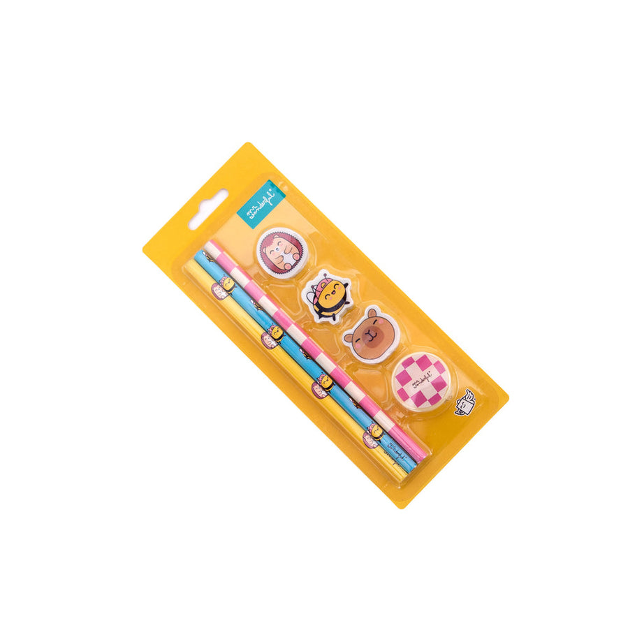 Conjunto Papelaria com 3 Lápis + 3 Borrachas e 1 Afia Wonder Comic Mr.Wonderful