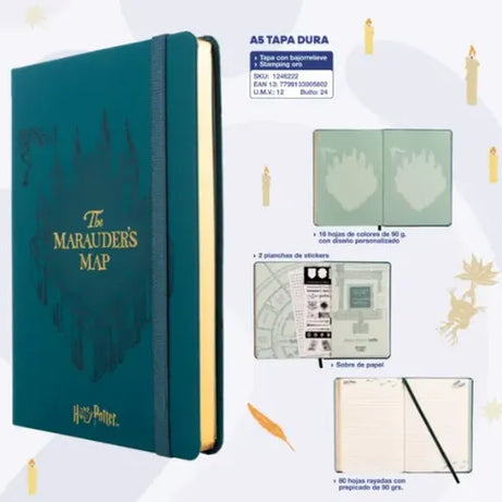 Caderno Premium A5 Pautado com Folhas Ilustradas e  Autocolantes Harry Potter