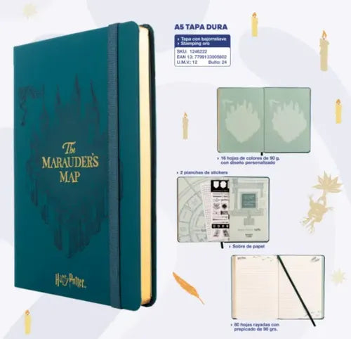 Caderno Premium A5 Pautado com Folhas Ilustradas e  Autocolantes Harry Potter