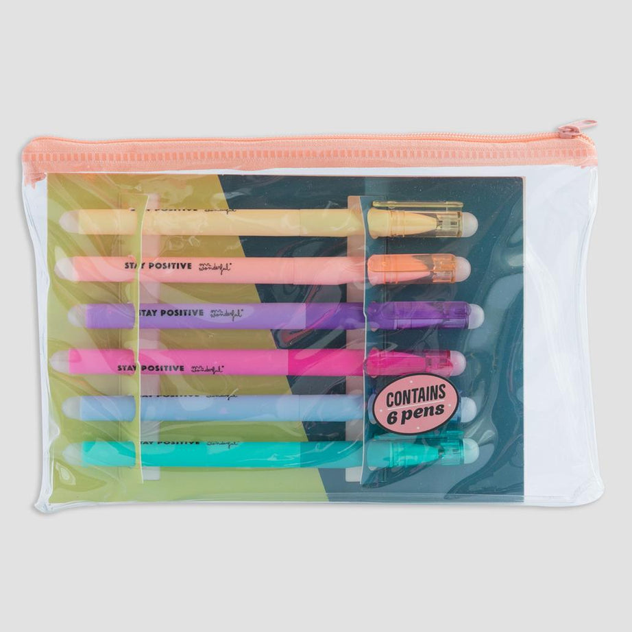 Conjunto 6 Canetas Apagáveis em Estojo Transparente "Stay Positive" Mr.Wonderful