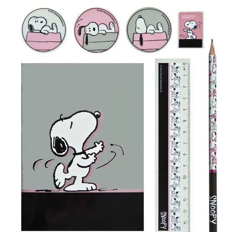 Conjunto Patinha Snoopy - Estojo Transparente, 3 Borrachas, Lápis, Afia, Régua e