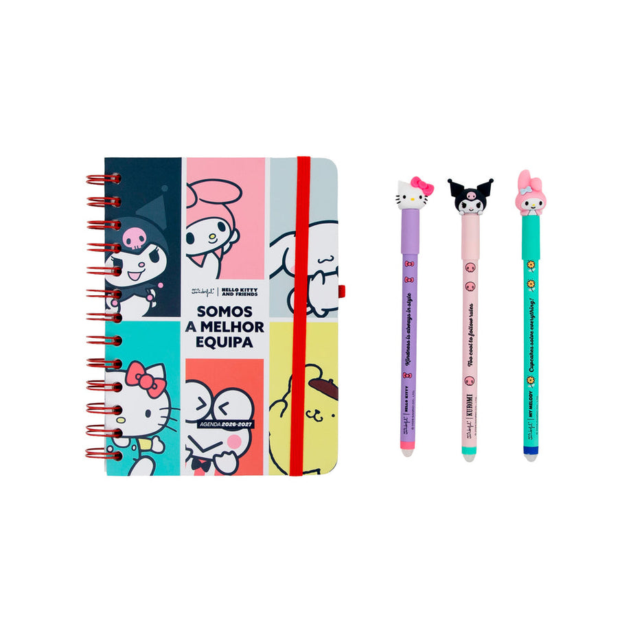 Agenda Semanal Pequena 2026/2027 Mr.Wonderful Hello Kitty & Friends com 3 Canetas Apagáveis "Somos a Melhor Equipa