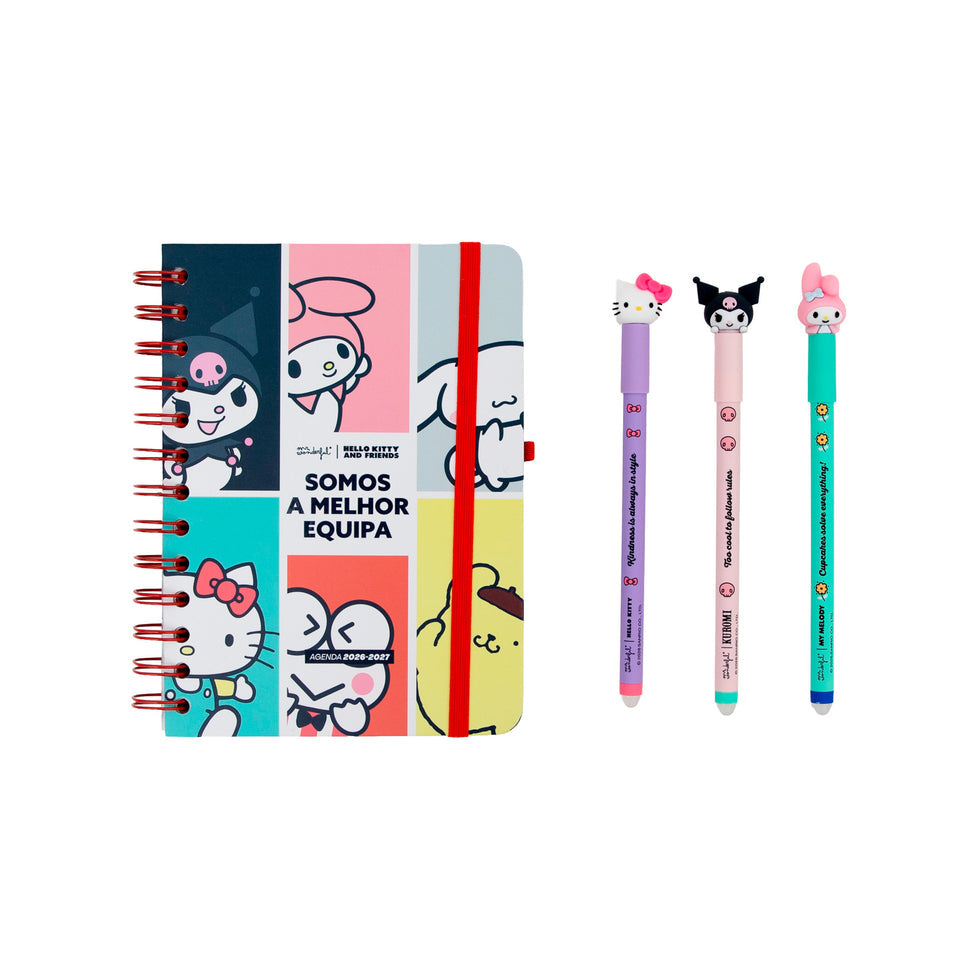 Agenda Semanal Pequena 2026/2027 Mr.Wonderful Hello Kitty & Friends com 3 Canetas Apagáveis "Somos a Melhor Equipa