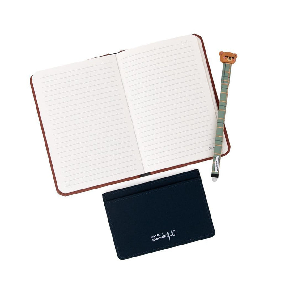 Conjunto Caneta Apagável Especial + Caderno A6 + Porta Cartões Urso Mr.Wonderful