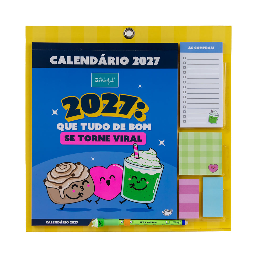 Calendário de Parede Magnético 2027 Mr.Wonderful com Caneta Apagável Exclusiva, Bloco de Notas, Post its e Autocolantes