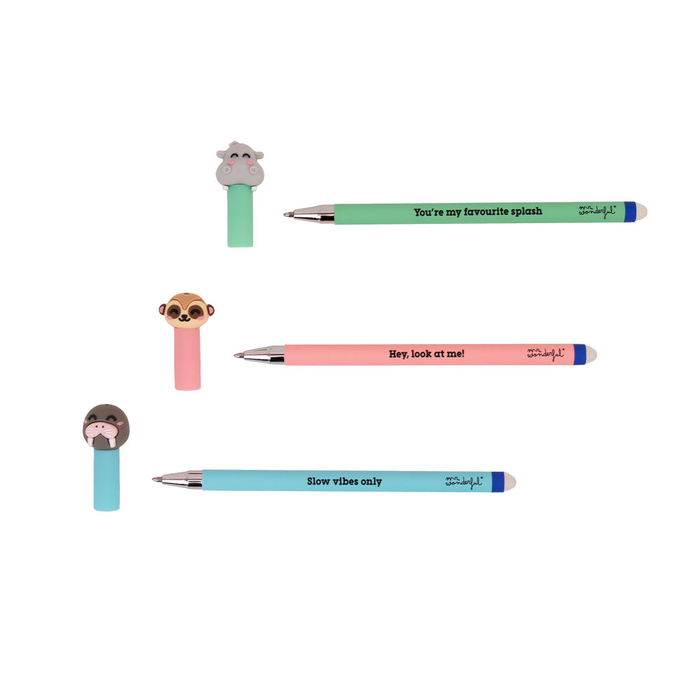 Conjunto 3 Canetas Apagáveis Morsa, Suricata e Hipopótamo Mr.Wonderful