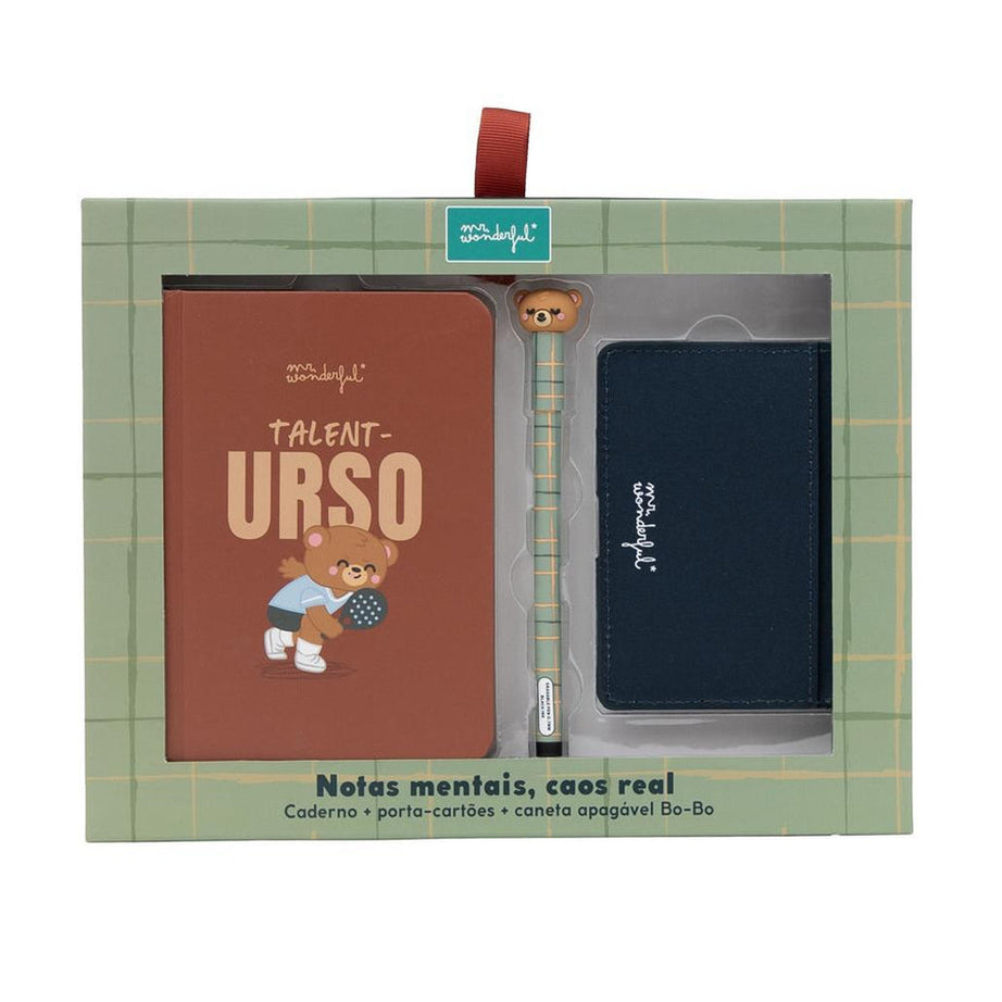 Conjunto Caneta Apagável Especial + Caderno A6 + Porta Cartões Urso Mr.Wonderful