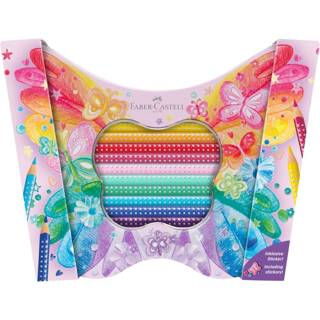 Caixa Metálica Borboleta com 20 Lápis de Colorir Sparkle e Autocolantes Faber-Castell