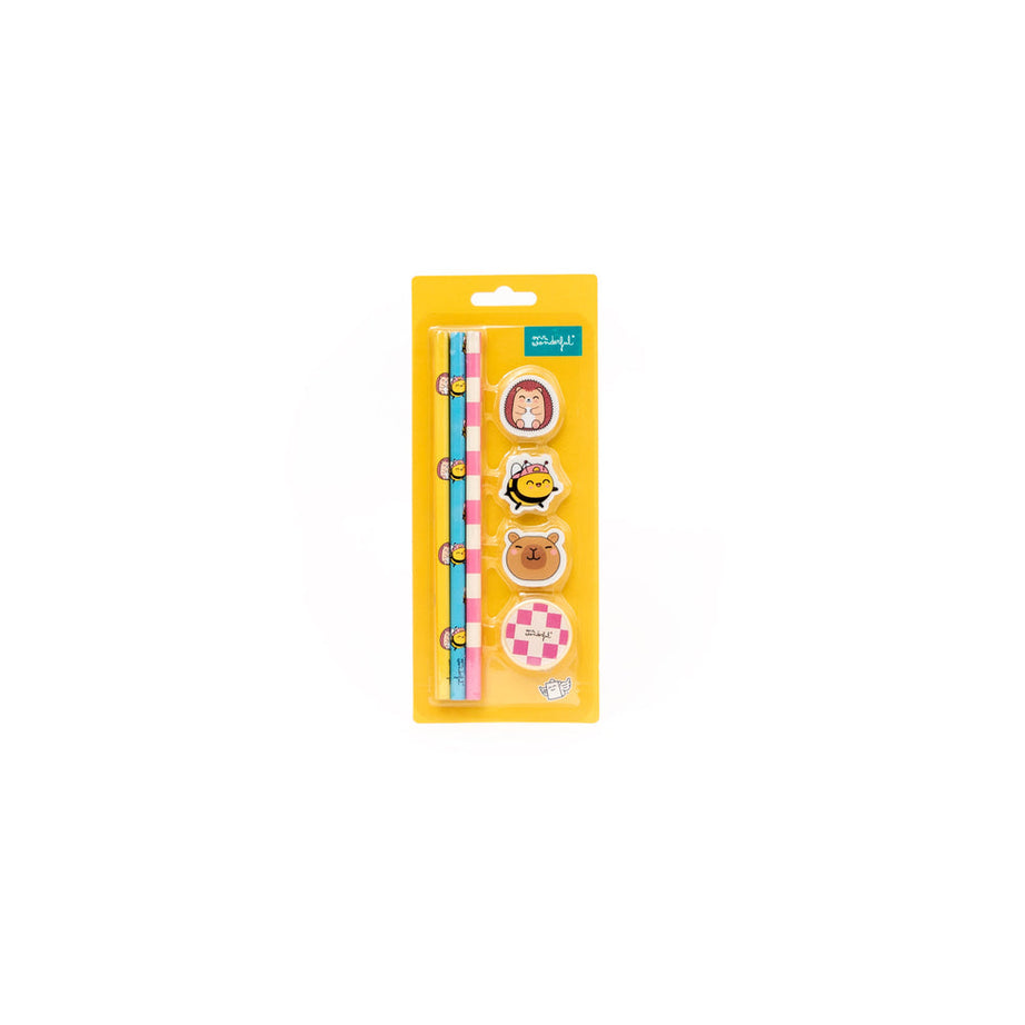 Conjunto Papelaria com 3 Lápis + 3 Borrachas e 1 Afia Wonder Comic Mr.Wonderful
