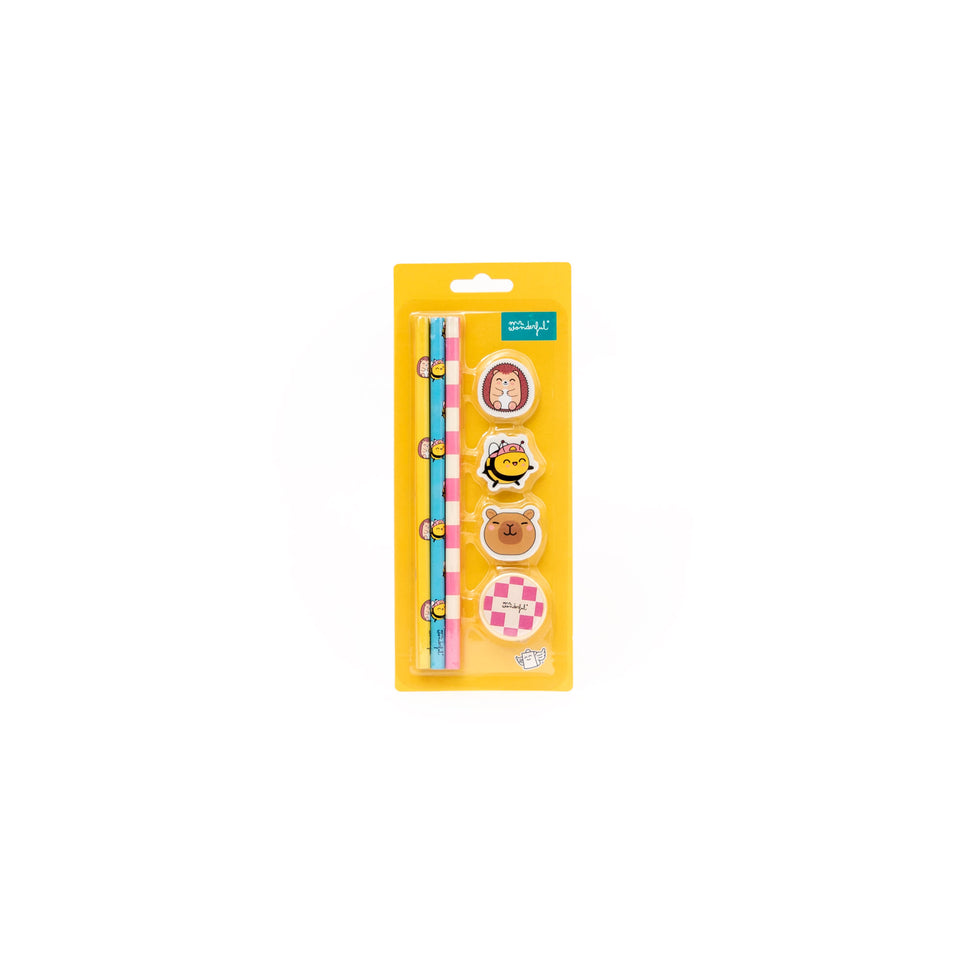 Conjunto Papelaria com 3 Lápis + 3 Borrachas e 1 Afia Wonder Comic Mr.Wonderful