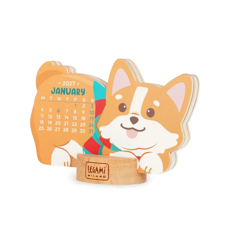Calendário 2027 Corgi com Base em Madeira Legami